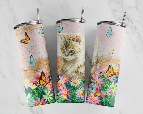 Cute Kitty Cat Peeking Rose Sublimation Design Wraps for 20 oz. Skinny Tumbler - PNG Download DIGITAL ONLY Sublimation CaldwellArt 