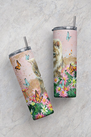 Cute Kitty Cat Peeking Rose Sublimation Design Wraps for 20 oz. Skinny Tumbler - PNG Download DIGITAL ONLY Sublimation CaldwellArt 