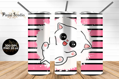 Cute Kitty & Stripes 20 oz Skinny Tumbler Wrap Sublimation Design Sublimation Pazal Studio 