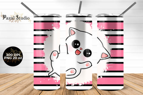 Cute Kitty & Stripes 20 oz Skinny Tumbler Wrap Sublimation Design Sublimation Pazal Studio 