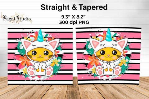 Cute Kitty Unicorn & Flowers 20 oz Skinny Tumbler Wrap Sublimation Design Sublimation Pazal Studio 