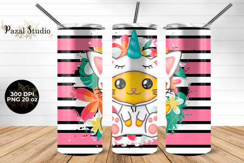 Cute Kitty Unicorn & Flowers 20 oz Skinny Tumbler Wrap Sublimation Design Sublimation Pazal Studio 