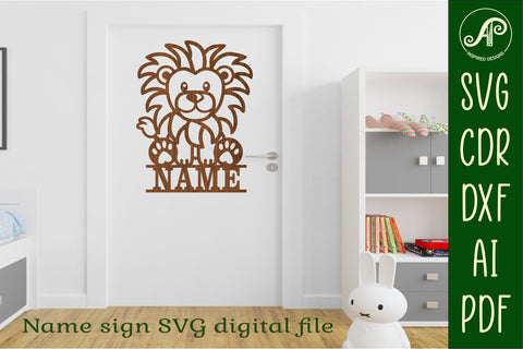 Cute Lion Name sign svg laser cut template, wall art SVG APInspireddesigns 