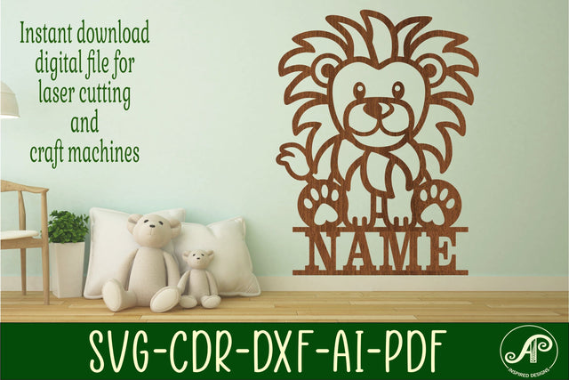 Cute Lion Name sign svg laser cut template, wall art SVG APInspireddesigns 