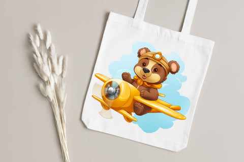 Cute Little Bear Flying on Plane Clipart Sublimation Regulrcrative 