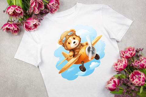 Cute Little Bear Flying on Plane Clipart Sublimation Regulrcrative 