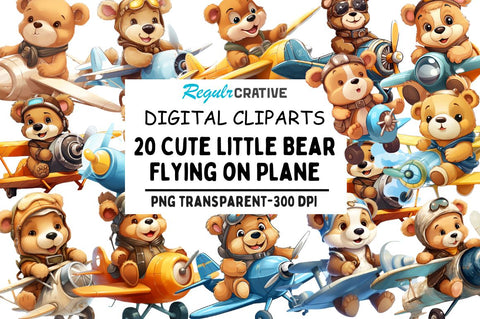 Cute Little Bear Flying on Plane Clipart Sublimation Regulrcrative 