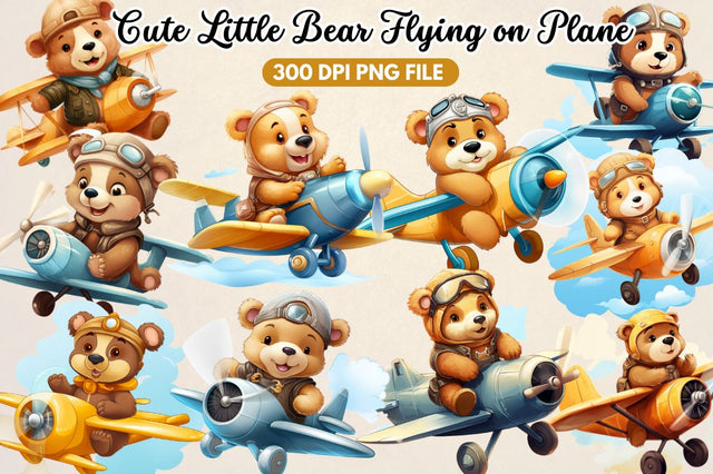 Cute Little Bear Flying on Plane Clipart Sublimation Regulrcrative 