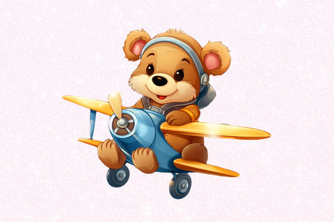 Cute Little Bear Flying on Plane Clipart Sublimation Regulrcrative 