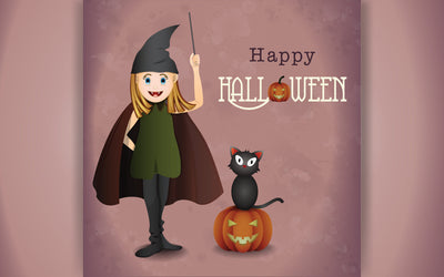 Cute little girl witch Halloween costume illustration. Witch with magic sticks and black cat with pumpkin SVG naemmiah021 