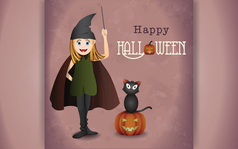 Cute little girl witch Halloween costume illustration. Witch with magic sticks and black cat with pumpkin SVG naemmiah021 