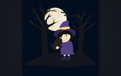 Cute little witch in a Halloween costume with treats in her hands and a black cat. Flat style, cartoon, vector. SVG naemmiah021 