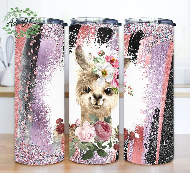 Cute Llama 20oz Skinny Tumbler, Llama Gift, Llama Lover, Cute Coffee Tumbler, Flowers Llama Tumbler, Animal Tumbler, Cute Farm Animals Png Sublimation AdriOP 