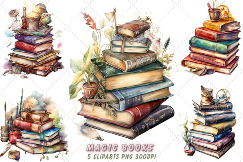 Cute Magic Books Watercolor Clipart Bundle, Sublimation, Magic Books SVG FloridPrintables 