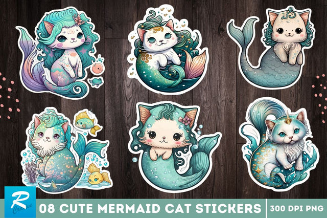 Cute Mermaid Cat Printable Sticker Bundle Sublimation Regulrcrative 