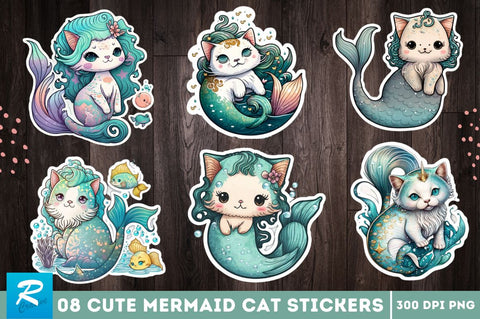 Cute Mermaid Cat Printable Sticker Bundle Sublimation Regulrcrative 