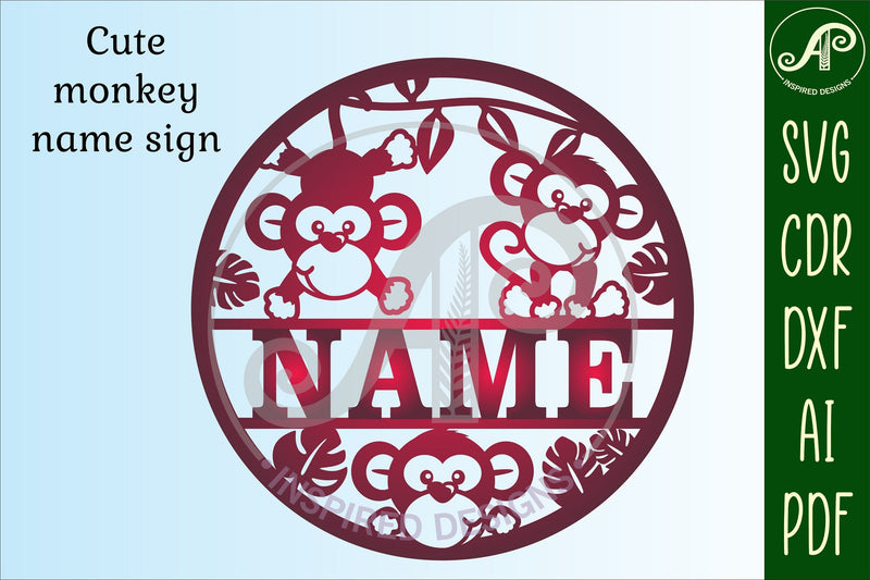 Cute monkey name sign svg laser cut template - So Fontsy