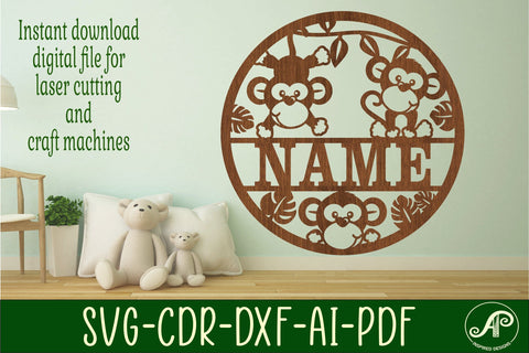 Cute monkey name sign svg laser cut template SVG APInspireddesigns 