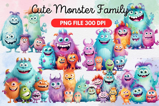 Cute Monster Family Watercolor Clipart Bundle Sublimation Regulrcrative 