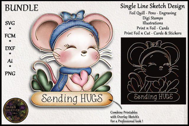 Cute Mouse Hugging a Heart | Print, Foil and Cut | Single line for Foil Quill Sketch DESIGN DrawnTogether with love 