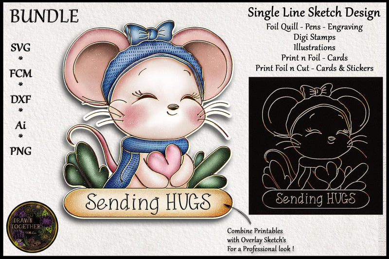 Cute Mouse Hugging a Heart | Print, Foil and Cut | Single line for Foil Quill Sketch DESIGN DrawnTogether with love 