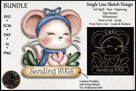 Cute Mouse Hugging a Heart | Print, Foil and Cut | Single line for Foil Quill Sketch DESIGN DrawnTogether with love 