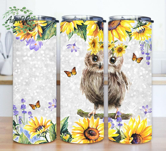 Cute Owl 20oz Skinny Tumbler, Owls Sunflower Tumbler Design, Sunflower Tumbler Wrap, Owls Tumbler With Lid And Straw, Instant Download Sublimation AdriOP 