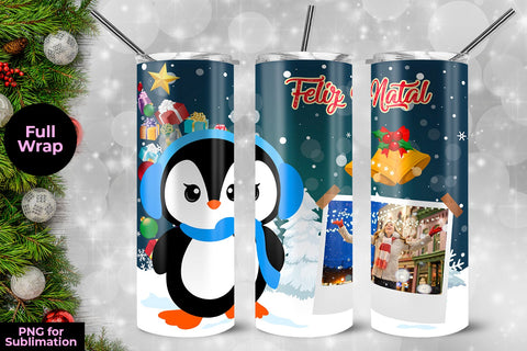 Cute Penguin Feliz Natal Frame Skinny Tumbler Wrap Template 20 oz Sublimation Sublimatiz Designs 