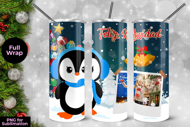 Cute Penguin Feliz Navidad Frame Skinny Tumbler Wrap Template 20 oz Sublimation Sublimatiz Designs 
