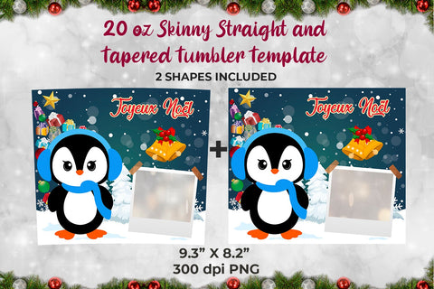 Cute Penguin Joyeux Noël Frame Skinny Tumbler Wrap Template 20 oz Sublimation Sublimatiz Designs 