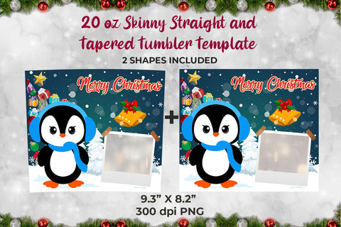 Cute Penguin Merry Christmas Frame Skinny Tumbler Wrap Template 20 oz Sublimation Sublimatiz Designs 