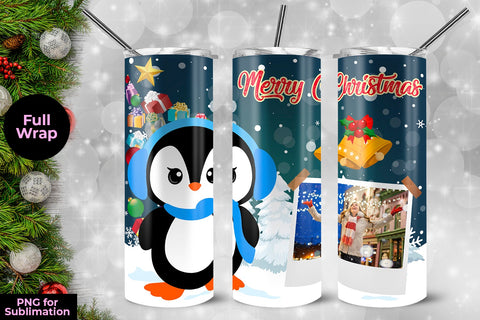 Cute Penguin Merry Christmas Frame Skinny Tumbler Wrap Template 20 oz Sublimation Sublimatiz Designs 