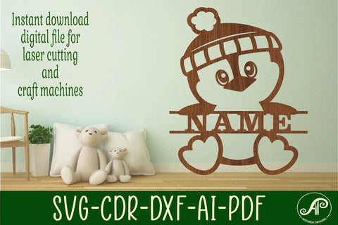 Cute Penguin Name sign svg laser cut template, wall art SVG APInspireddesigns 