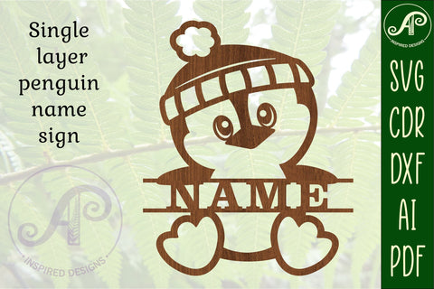 Cute Penguin Name sign svg laser cut template, wall art SVG APInspireddesigns 