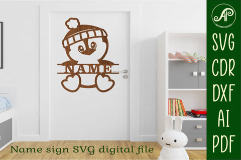 Cute Penguin Name sign svg laser cut template, wall art SVG APInspireddesigns 