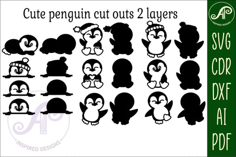 Cute Penguins laser cut file shapes. 10 two layer shapes SVG APInspireddesigns 