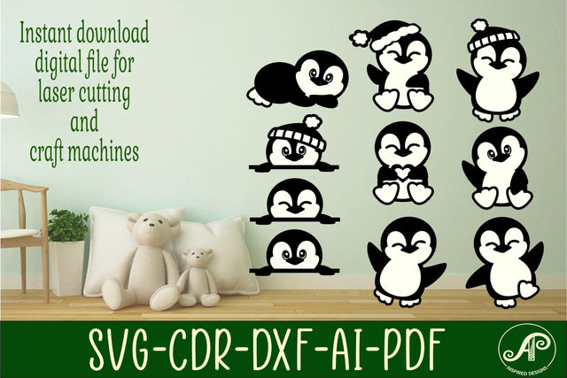 Cute Penguins laser cut file shapes. 10 two layer shapes SVG APInspireddesigns 