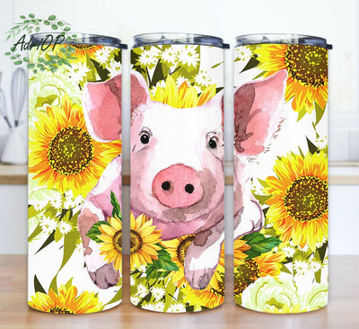 Cute Pig 20oz Tumbler Template, Sunflower Pig Tumbler Design, Watercolor Pig Tumbler Png, Animal Farm Tumbler With Lid And Straw, Digital Download Sublimation AdriOP 