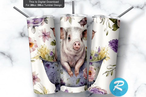 Cute Pig in the Tub Floral 20 oz / 30 oz Tumbler PNG Sublimation Regulrcrative 