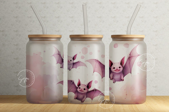 Cute Pink Halloween Bat Tumbler Seamless Sublimation Wrap, Tumbler PNG, 16 oz Libbey Glass Can, Spooky Glass Can Design, Digital File Sublimation Syre Digital Creations 
