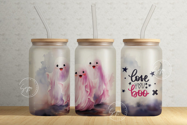 Cute Pink Halloween Ghost Tumbler Seamless Sublimation Wrap, Tumbler PNG, 16 oz Libbey Glass Can, Spooky Glass Can Design, Digital File Sublimation Syre Digital Creations 