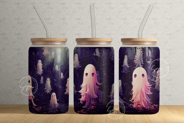 Cute Pink Halloween Ghost Tumbler Seamless Sublimation Wrap, Tumbler PNG, 16 oz Libbey Glass Can, Spooky Glass Can Design, Digital File Sublimation Syre Digital Creations 