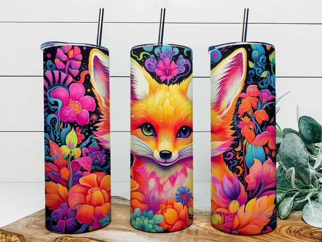 Cute Princess Baby Fox Flowers 20oz Skinny Tumbler Png, Baby Fox Flowers Tumbler, Colorful Flowers Tumbler, Vibrant Colors Tumbler, Floral Fox Png Sublimation iStyleDesign 