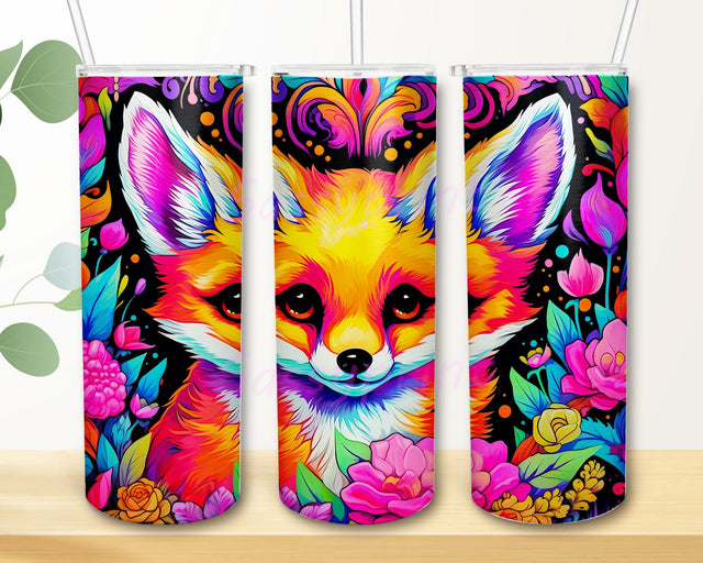 Cute Princess Baby Fox Flowers 20oz Skinny Tumbler Png, Baby Fox Flowers Tumbler, Colorful Flowers Tumbler, Vibrant Colors Tumbler, Floral Fox Png Sublimation sassyprint 