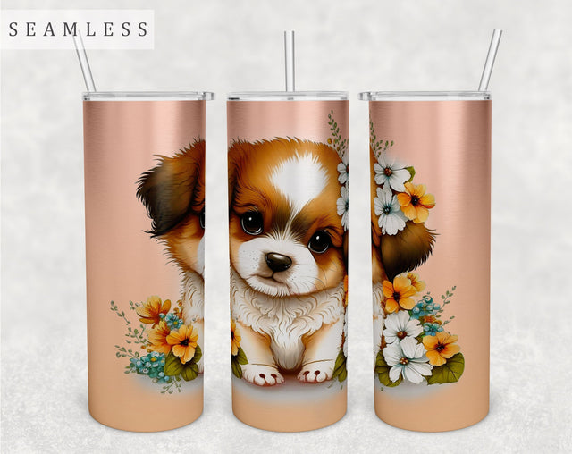 Cute Puppy Tumbler Wrap, 20 Oz Skinny Tumbler Sublimation Design, Seamless Puppy With Flowers Tumbler PNG Sublimation HappyDesignStudio 