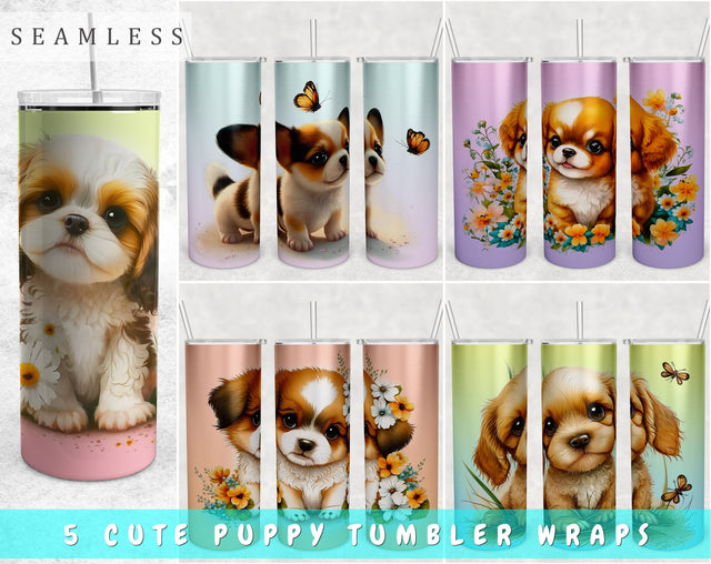 Cute Puppy Tumbler Wraps Bundle, 20 Oz Skinny Tumbler Puppy Sublimation Designs, Seamless Dog PNG, 5 Designs Sublimation HappyDesignStudio 