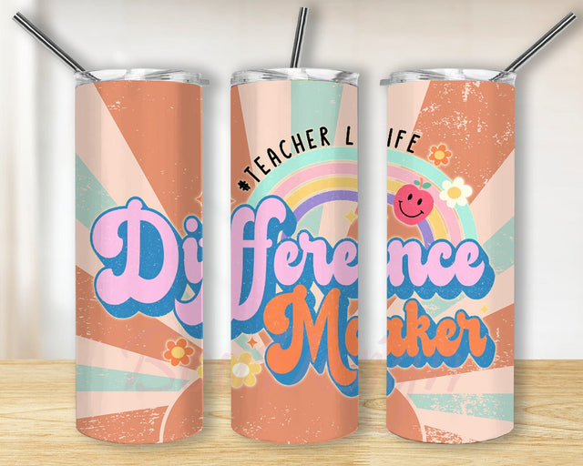 Cute Retro Teacher 20oz Skinny Tumbler, Teacher Life Tumbler Design, Difference Maker Tumbler Png, Back To School Design Png, Retro Rainbow Png, Digital Download Sublimation BouDesign 