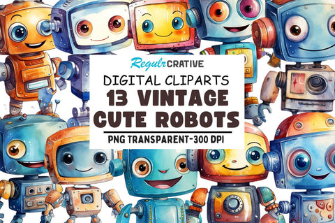Cute Robots Watercolor Clipart Sublimation Regulrcrative 