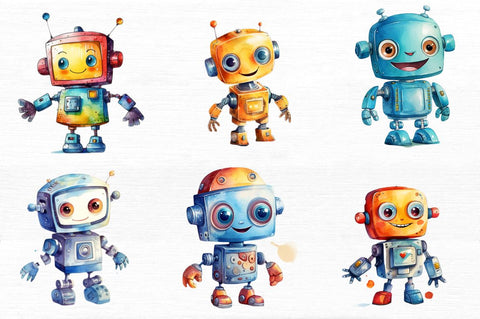 Cute Robots Watercolor Clipart Sublimation Regulrcrative 