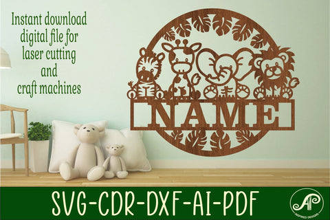 cute Safari animals name sign svg laser cut template SVG APInspireddesigns 